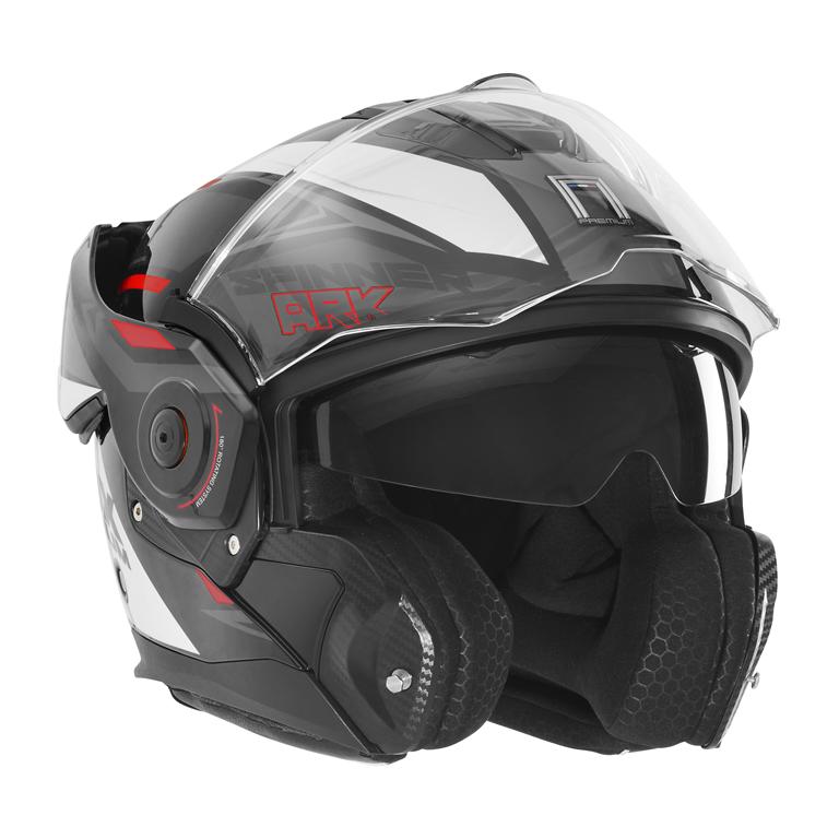 NOX WYPRZEDAŻ PREMIUM KASK SZCZĘKOWY FLIP-BACK (SZCZĘKA DO TYŁU) Z BLENDĄ SPINNER ARK KOLOR CZARNY/BIAŁY/CZERWONY ROZMIAR S