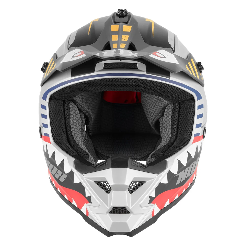 NOX KASK CROSS / OFFROAD N761 FIGHTER KID / JUNIOR (DZIECIĘCY) KOLOR SREBRNY MAT/CZERWONY/CZARNY (ZAPIĘCIE MIKROMETRYCZNE)