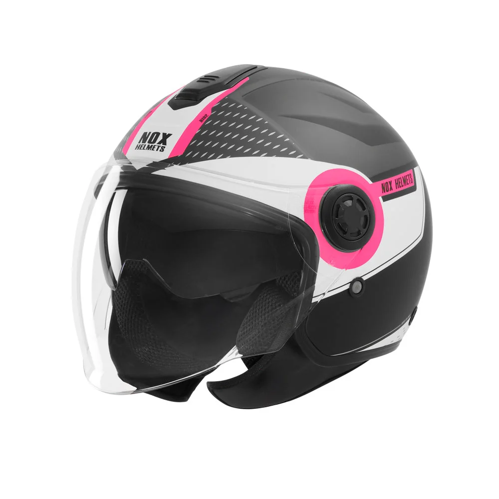 NOX WYPRZEDAŻ KASK OTWARTY JET Z BLENDĄ N182 ROUND KOLOR CZARNY MAT/RÓŻOWY