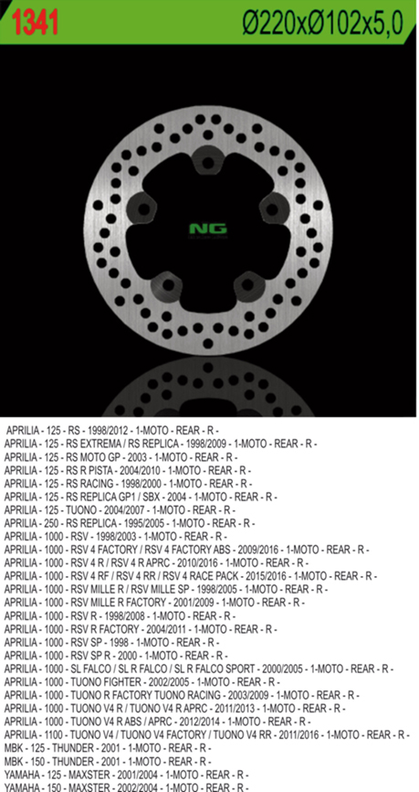 NG TARCZA HAMULCOWA TYŁ APRILIA RS 125, TUONO 125 '03-'16, TUONO 660 '20-'26, RS 660 '19'-25, TUONO 1000, RSV 1000 , BMW C1 '99-