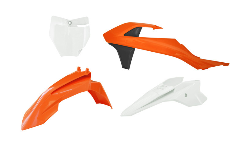 RACETECH (RTECH) KOMPLET PLASTIKÓW KTM SX 50 '16-'23, SX-E 3-5 '20-'24 KOLOR POMARAŃCZOWY / BIAŁY / CZARNY ( OEM '16 / '18 )
