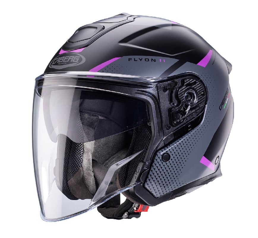 CABERG PROMOCJA KASK OTWARTY JET OTWARTY FLYON II BOSS KOLOR CZARNY MAT/SZARY/FUKSJA (INTENSYWNY ODCIEŃ RÓŻOWEGO)