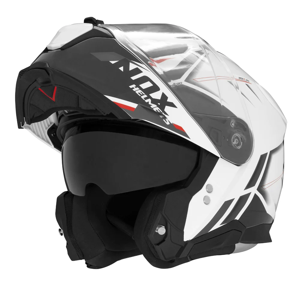 NOX WYPRZEDAŻ KASK SZCZĘKOWY (FLIP-UP) Z BLENDĄ N967 SYNCHRO KOLOR BIAŁY/CZERWONY (PINLOCK DO TEGO MODELU - FILMPINLOCK30DKS166)