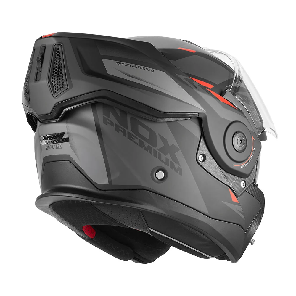 NOX PREMIUM KASK SZCZĘKOWY FLIP-BACK (SZCZĘKA DO TYŁU) Z BLENDĄ SPINNER ARK KOLOR CZARNY MAT/CZERWONY