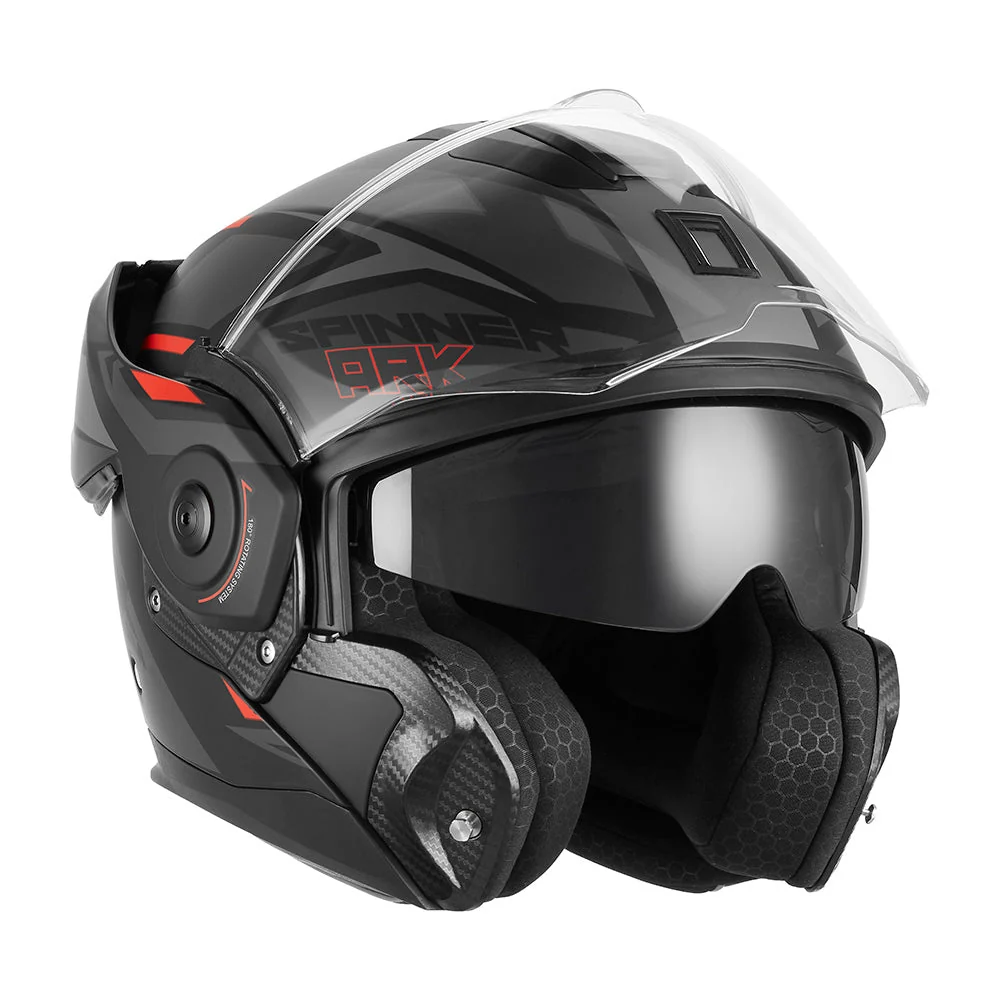 NOX PREMIUM KASK SZCZĘKOWY FLIP-BACK (SZCZĘKA DO TYŁU) Z BLENDĄ SPINNER ARK KOLOR CZARNY MAT/CZERWONY