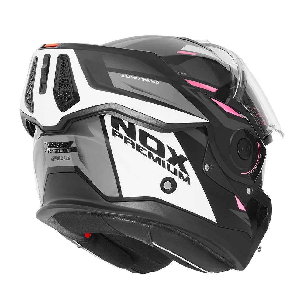 NOX PREMIUM KASK SZCZĘKOWY FLIP-BACK (SZCZĘKA DO TYŁU) Z BLENDĄ SPINNER ARK KOLOR CZARNY/BIAŁY/RÓŻOWY