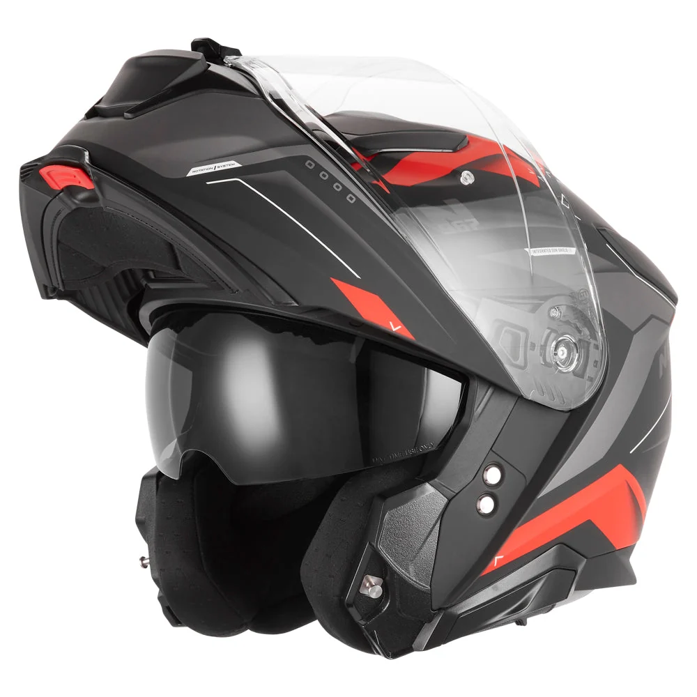 NOX WYPRZEDAŻ KASK SZCZĘKOWY (FLIP-UP) Z BLENDĄ N967 CONQUER KOLOR CZARNY MAT/CZERWONY (PINLOCK DO TEGO MODELU - FILMPINLOCK70DK