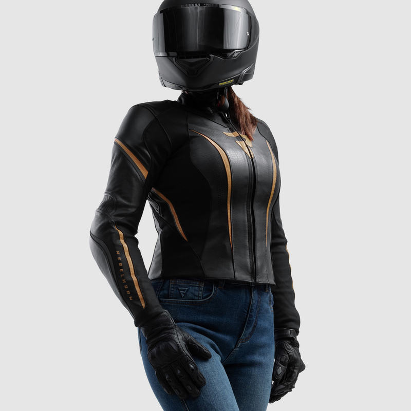 KURTKA MOTOCYKLOWA SKÓRZANA DAMSKA REBELHORN DIVA ST BLACK GOLD W42