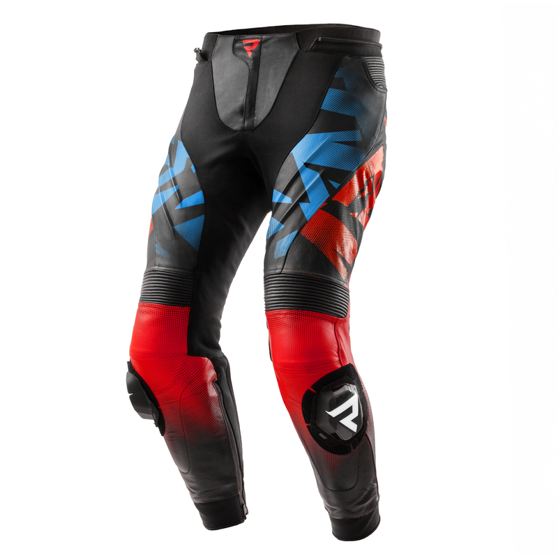 SPODNIE MOTOCYKLOWE SKÓRZANE REBELHORN INFERNO BLACK BLUE WHITE RED