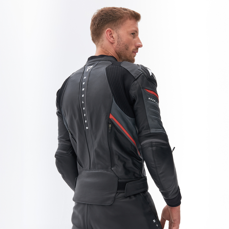 KURTKA MOTOCYKLOWA SKÓRZANA REBELHORN VELOCE BLACK GREY FLUO RED