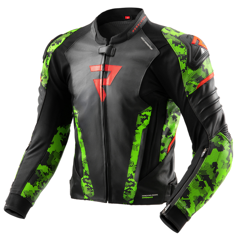 KURTKA MOTOCYKLOWA SKÓRZANA REBELHORN VELOCE CAMO BLACK GREEN FLUO RED