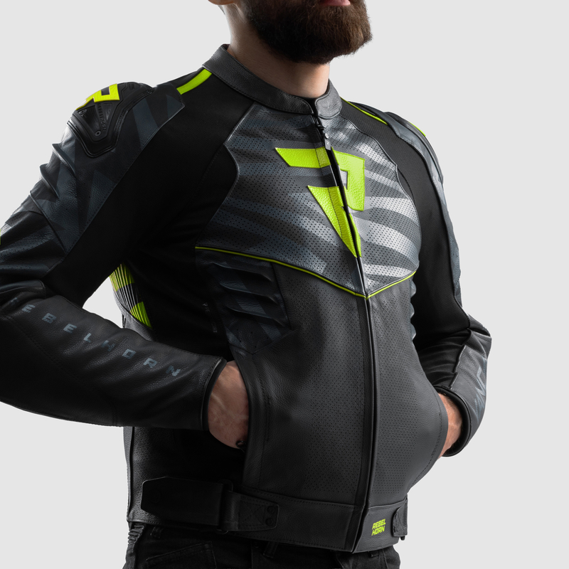 KURTKA MOTOCYKLOWA SKÓRZANA REBELHORN VANDAL 2 BLACK GREY FLUO YELLOW