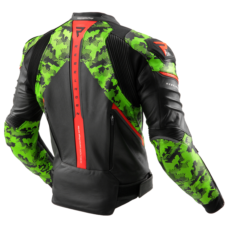 KURTKA MOTOCYKLOWA SKÓRZANA REBELHORN VELOCE CAMO BLACK GREEN FLUO RED