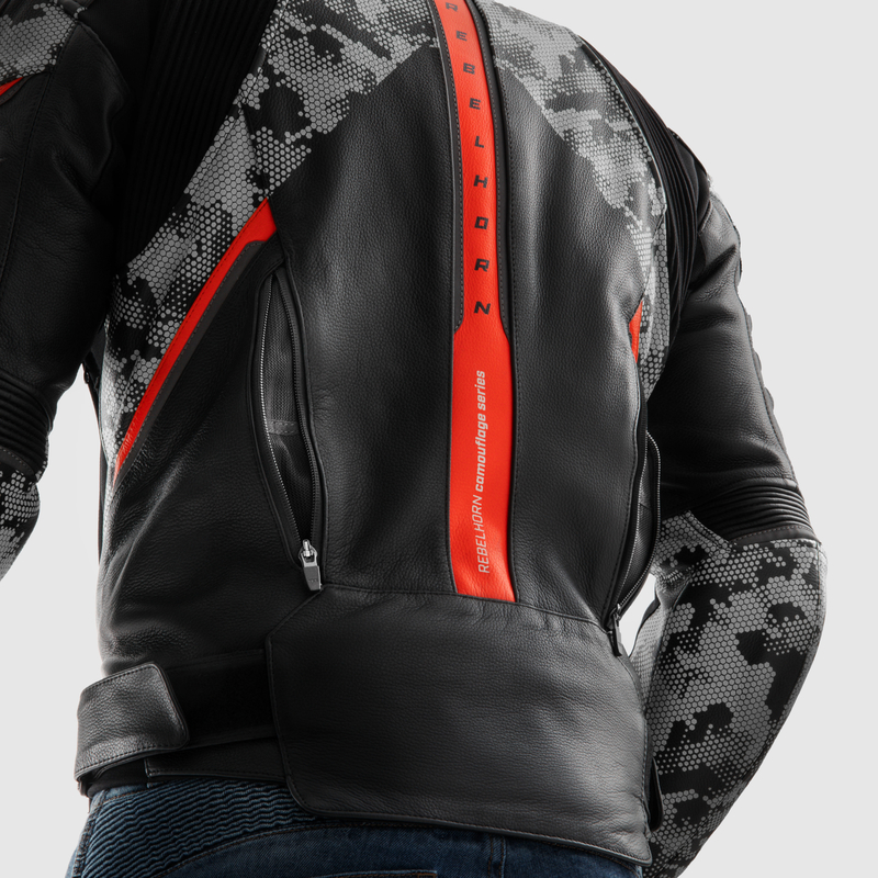 KURTKA MOTOCYKLOWA SKÓRZANA REBELHORN VELOCE CAMO BLACK GREY FLUO RED