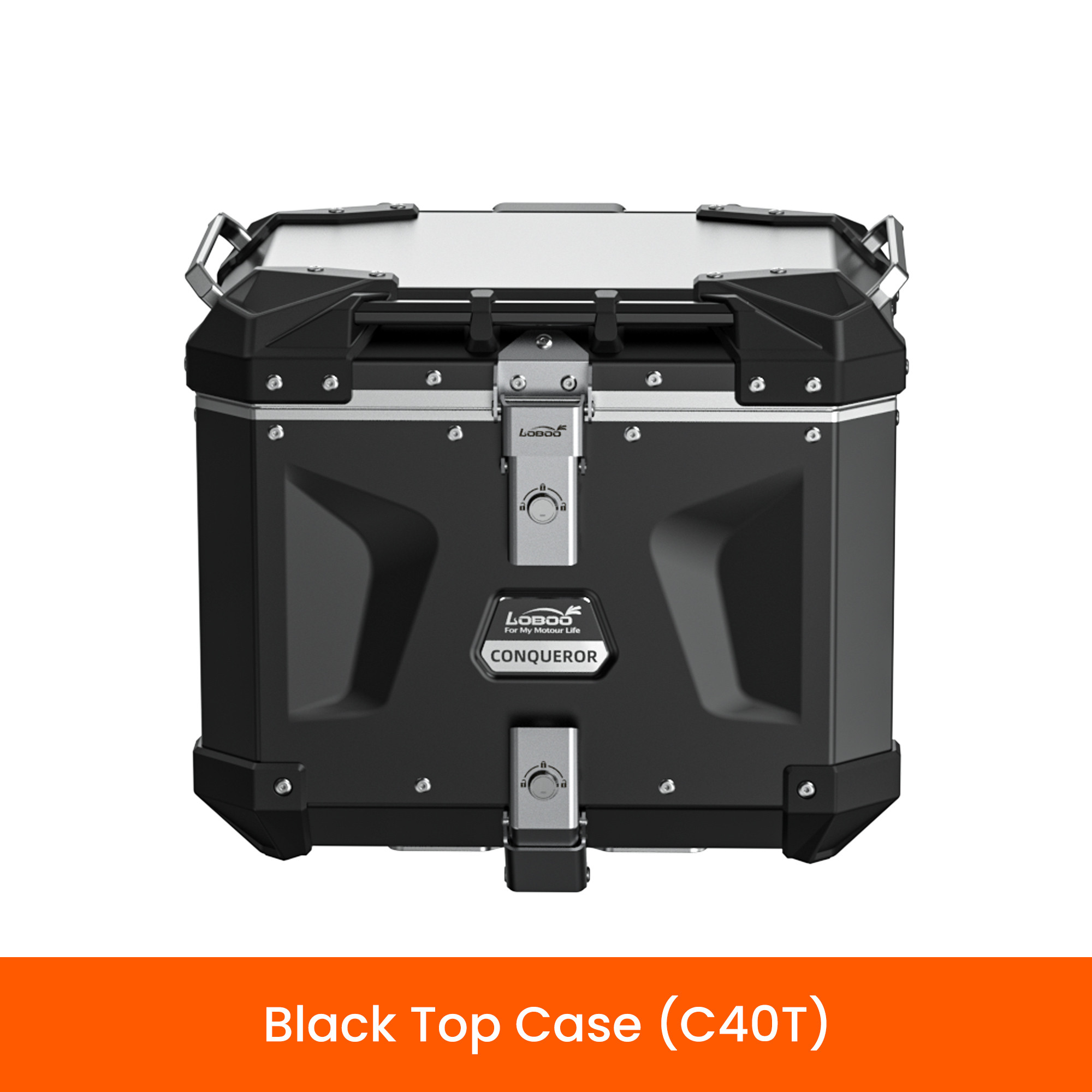 LOBOO CONQUEROR Kufer centralny czarny 40L, aluminium, 2 zamki, wodoodporny, wewnętrzna siatka/paski mocujące bagaż