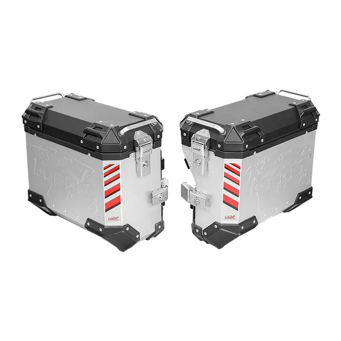 LOBOO PIKE Kufry boczne srebrne 35+30L, aluminium, 2 zamki, wodoodporne, wewnętrzna siatka/paski mocujące bagaż, 1 kpl (2 szt)