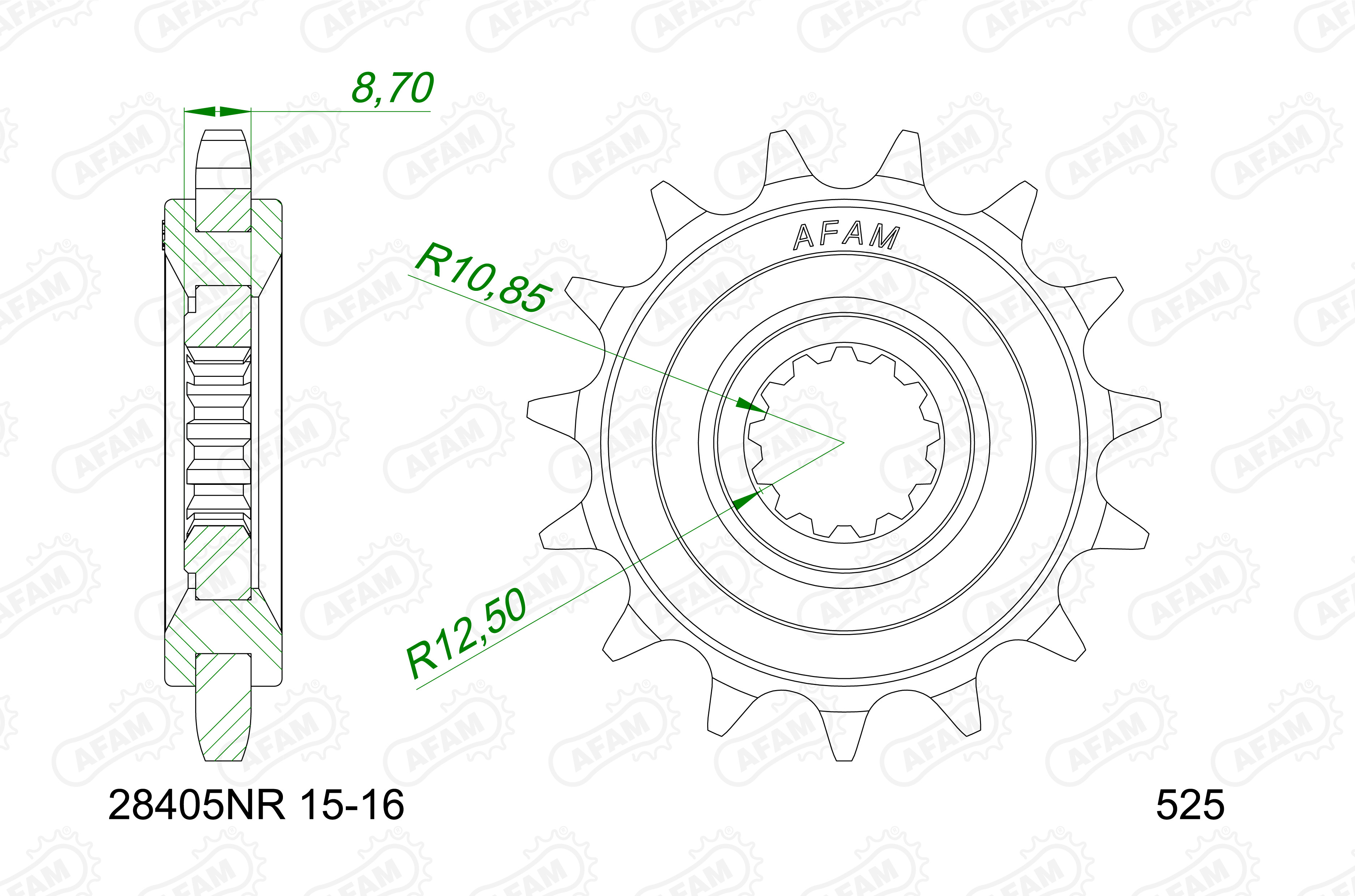 AFAM Zębatka przednia do łańcucha 525 + RUBBER kod 28405NR-16