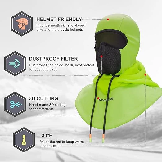 Kominiarka z kapturem na kask rowerowy narciarski Rockbros zielona fluo