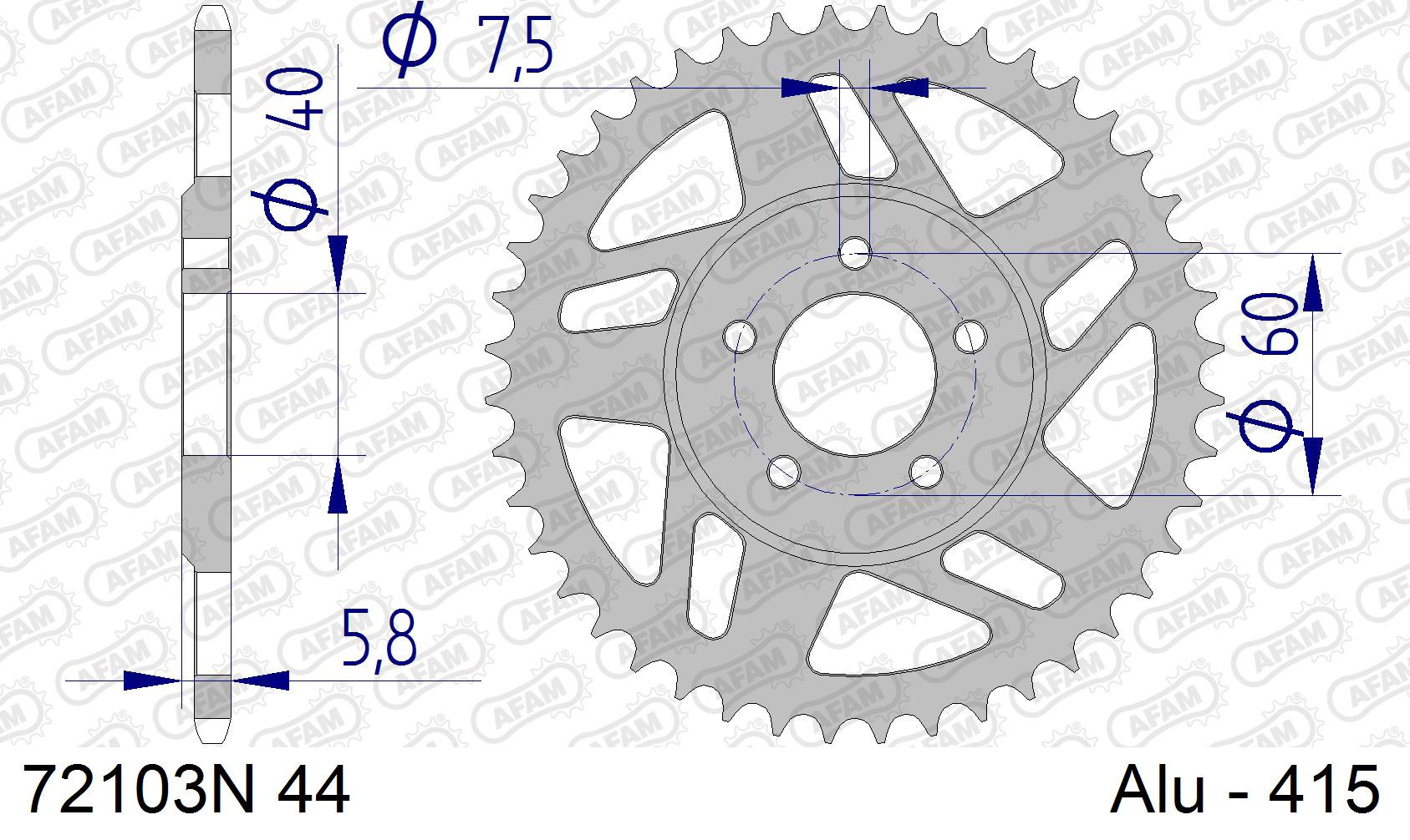 AFAM Zębatka tylna aluminiowa do łańcucha 415 kod 72103N-44