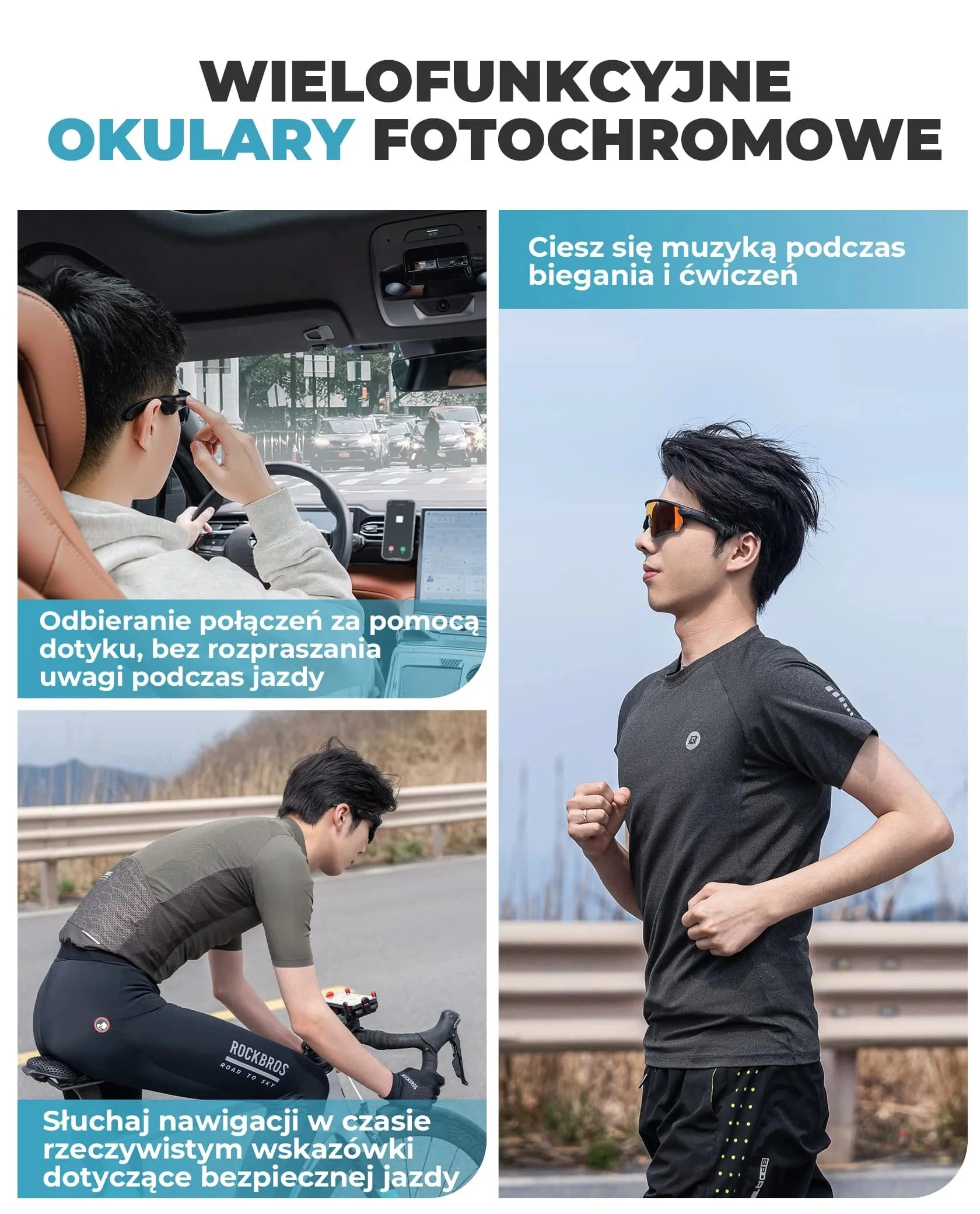 Okulary rowerowe fotochromatyczne UV400 z bluetooth i głośnikami ROCKBROS BT
