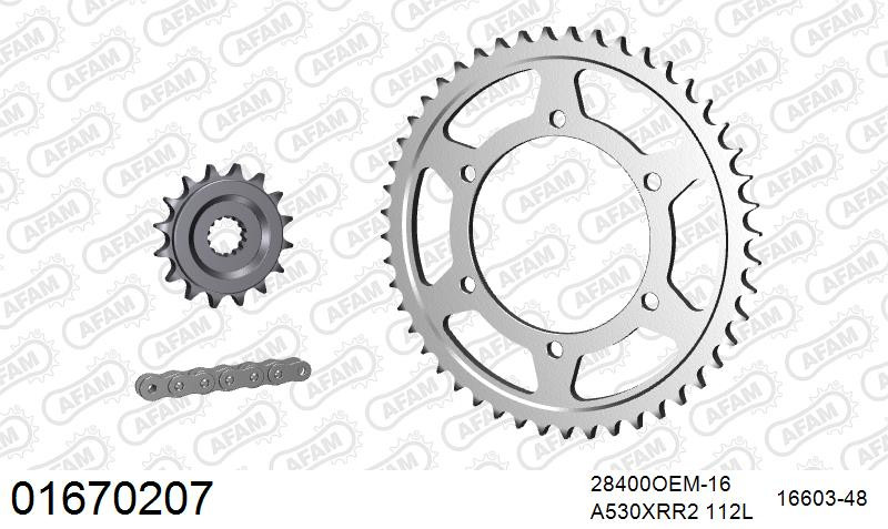 AFAM Zestaw napędowy (stal, RUB) KAWASAKI ZZR 600 (łańcuch A530XMR3 112L, zębatki 16, 48)