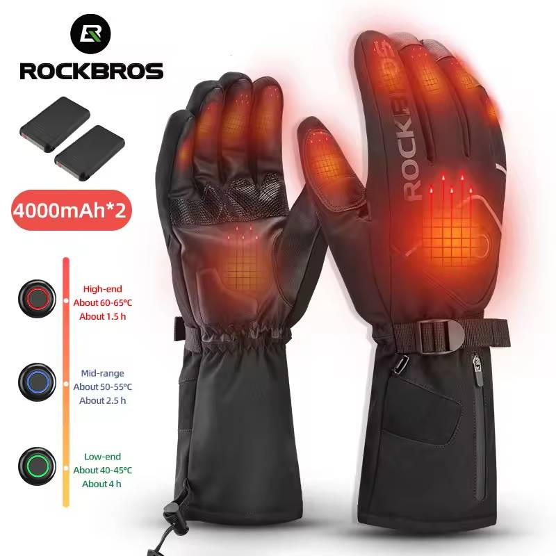 Podgrzewane rękawice rowerowe, motocyklowe elektryczne ROCKBROS – termiczna ochrona, czarne 4000mAh 16410001