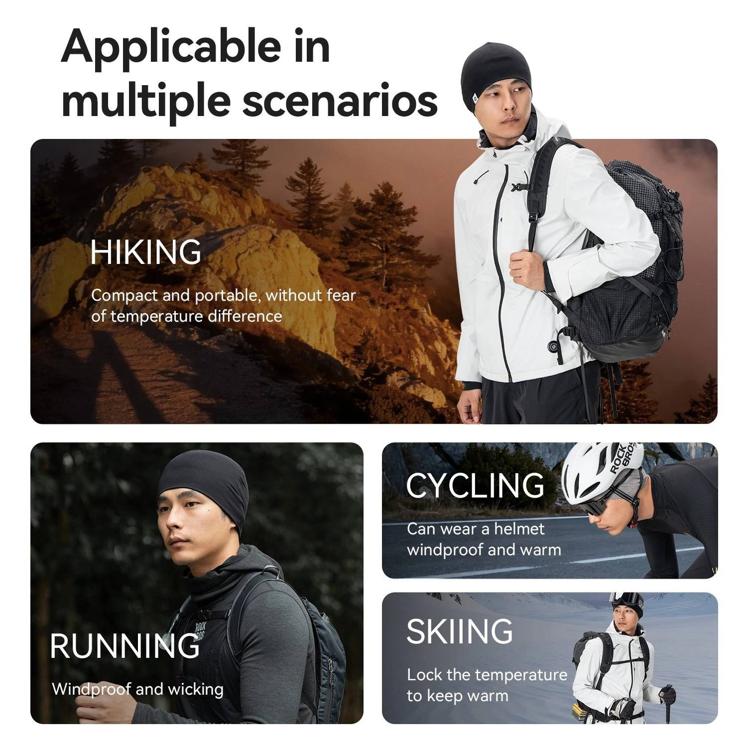Czapka rowerowa, do biegania, sportowa, pod kask, elastyczna ROCKBROS wełna, Tencel, czarna 18250005