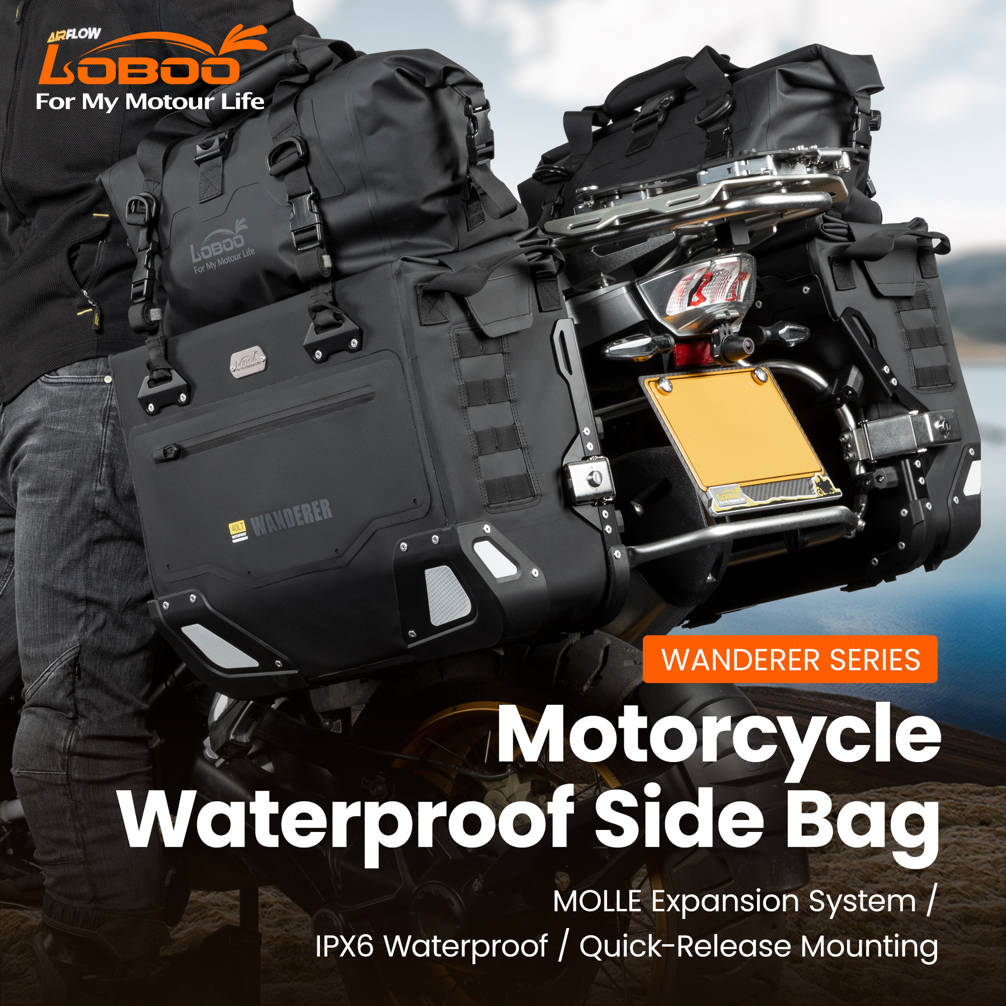 LOBOO Sakwy boczne WANDERER, materiał TPU, wodoodporne IPX6M, magnetyczne zapięcie, zamek, system MOLLE, czarne, 2 szt 40L+40L