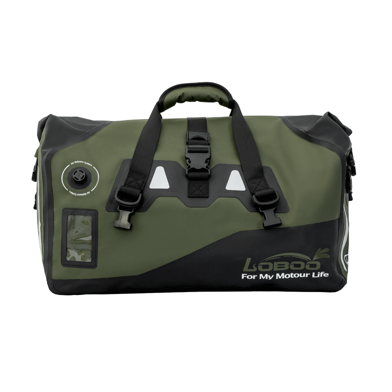 LOBOO Torba motocyklowa PVC bojowo zielona 66L (z kieszenią separacyjną na mokre rzeczy)