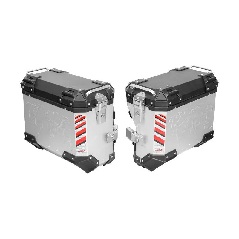 LOBOO PIKE Kufry boczne srebrne 35+35L, aluminium, 2 zamki, wodoodporne, wewnętrzna siatka/paski mocujące bagaż, 1 kpl (2 szt)