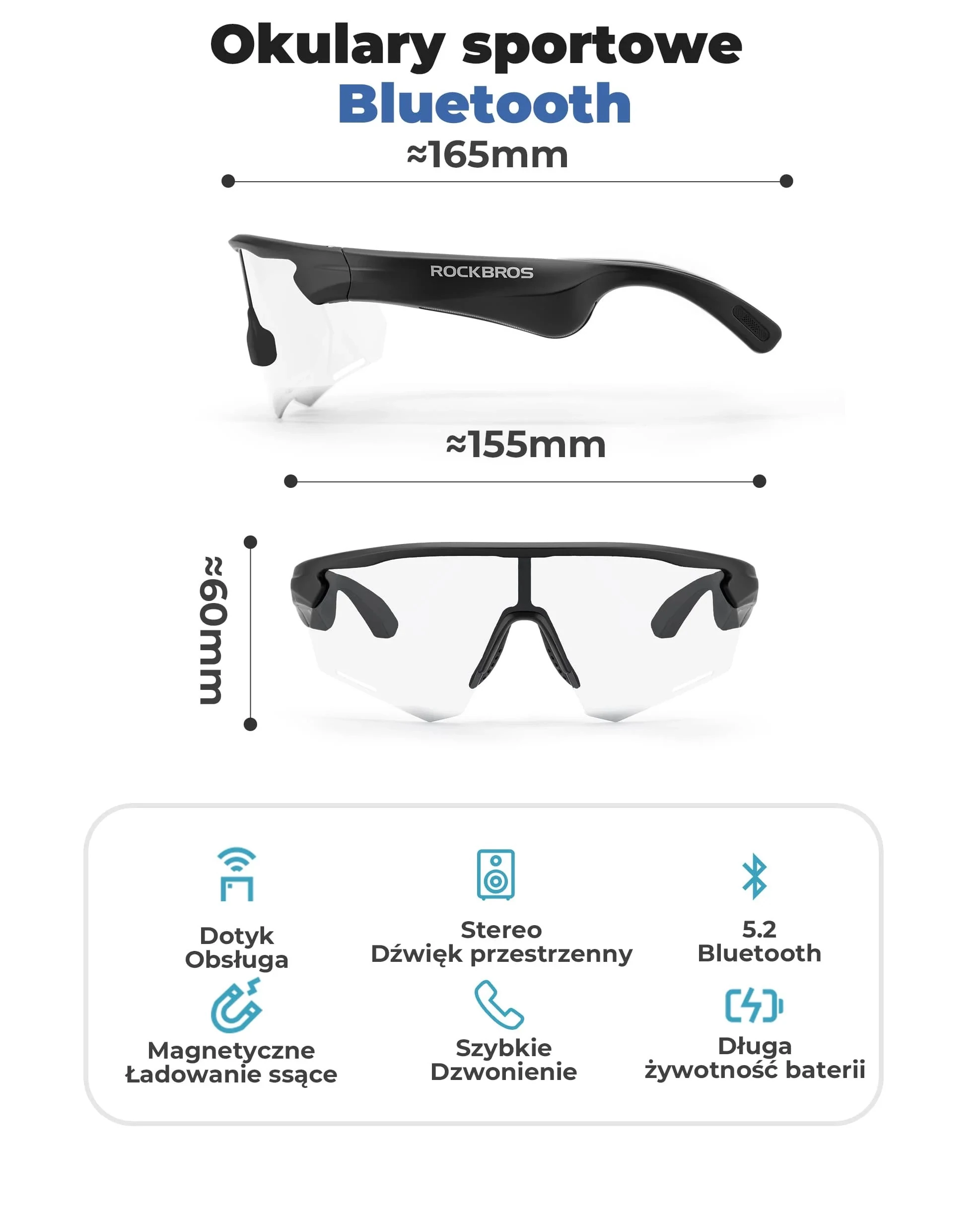 Okulary rowerowe fotochromatyczne UV400 z bluetooth i głośnikami ROCKBROS BT