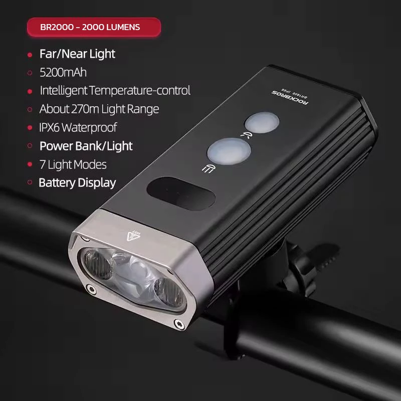 ROCKBROS BR2000 Lampka rowerowa przednia 2000LM USB IPX6 POWERBANK