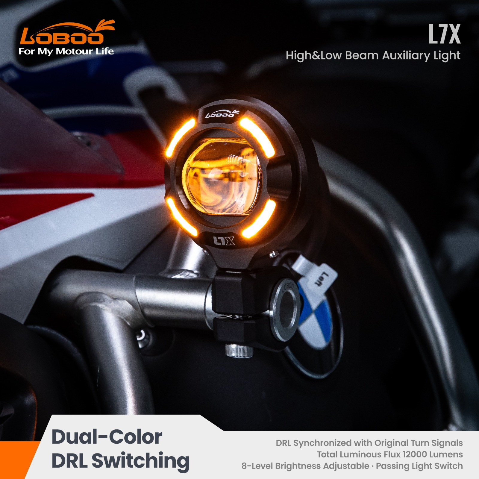 LOBOO L7X lampy LED drogowe i mijania pomocnicze, 12 000 Lumenów, 8-stopniowa skala świecenia, homologacja, zestaw