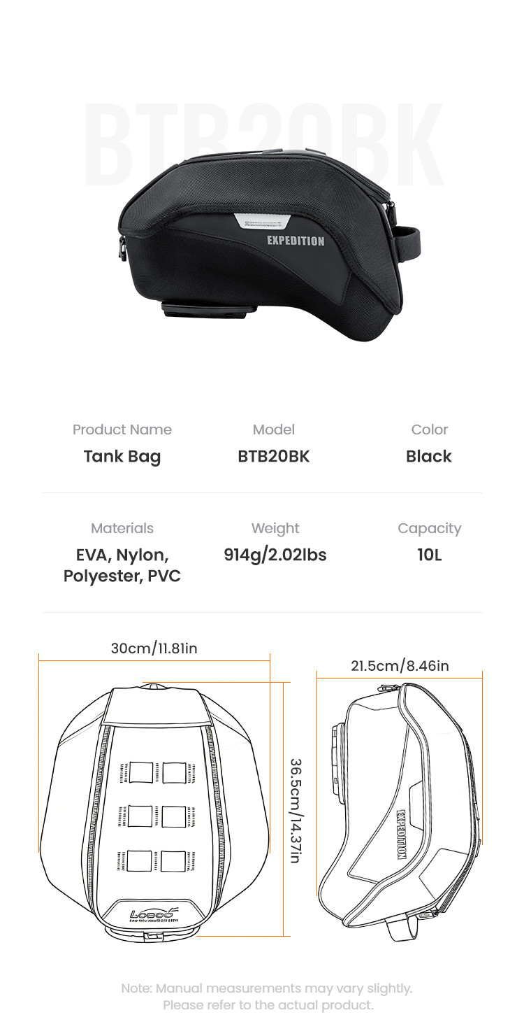 LOBOO Tank Bag 10L, z funkcją szybkiego demontażu z kotwy magnetycznej Easy, regulacja montażu 110mm, system MOLLE, czarny/szary