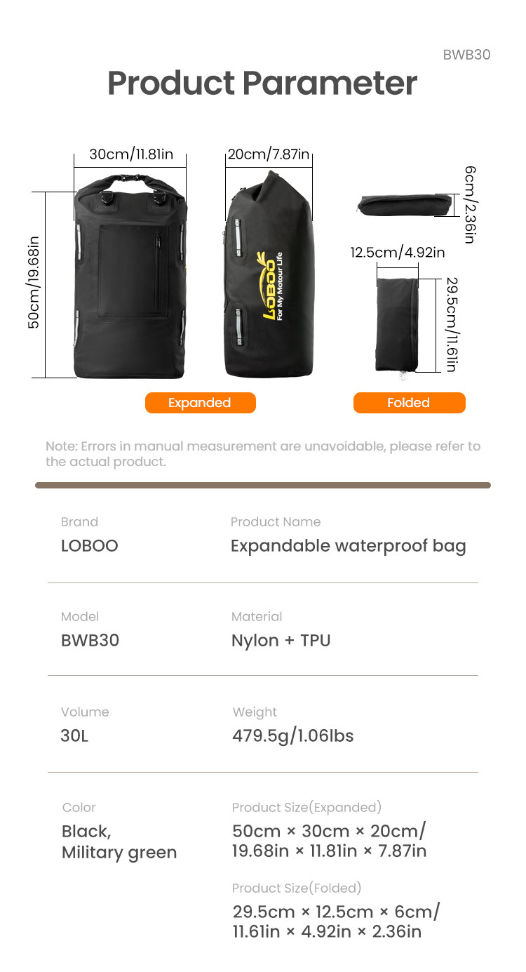 LOBOO Torba motocyklowa TPU Składana / rozszerzalna wodoodporna 30L zielona