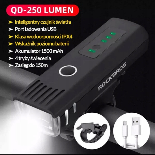 Lampka rowerowa przednia Rockbros QD-250LM LED USB 250LM IPX4 24510001001