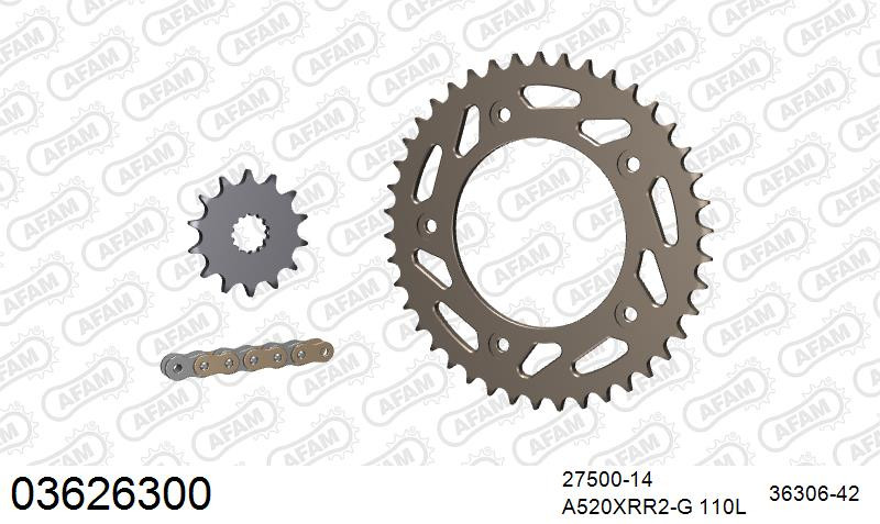 AFAM Zestaw napędowy (alu) APRILIA 250 RS 1995-2003 (łańcuch A520XRR3-G 110L, zębatki 14, 42)