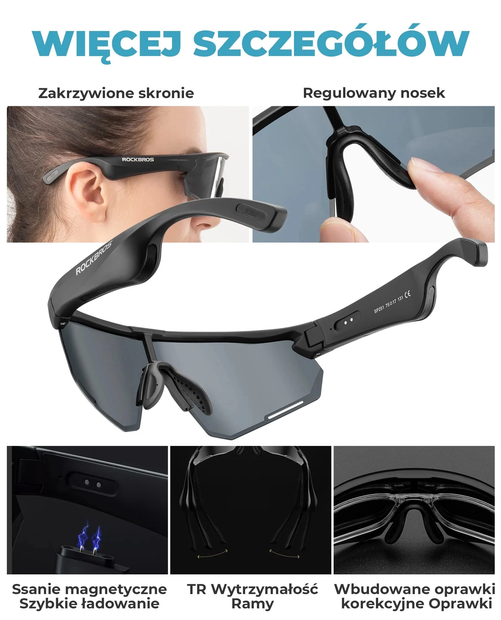 Okulary rowerowe fotochromatyczne UV400 z bluetooth i głośnikami ROCKBROS BT
