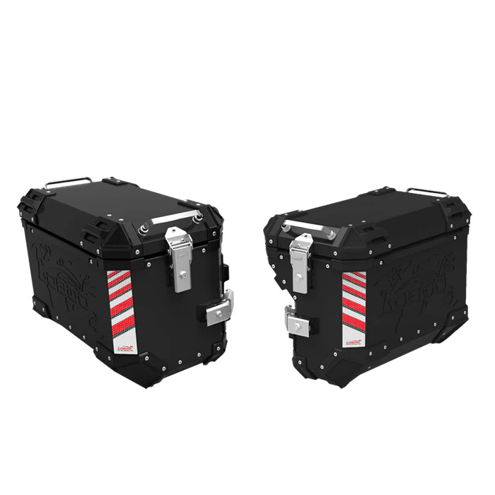 LOBOO PIKE Kufry boczne czarne 45+38L, aluminium, 2 zamki, wodoodporne, wewnętrzna siatka/paski mocujące bagaż, 1 kpl (2 szt)