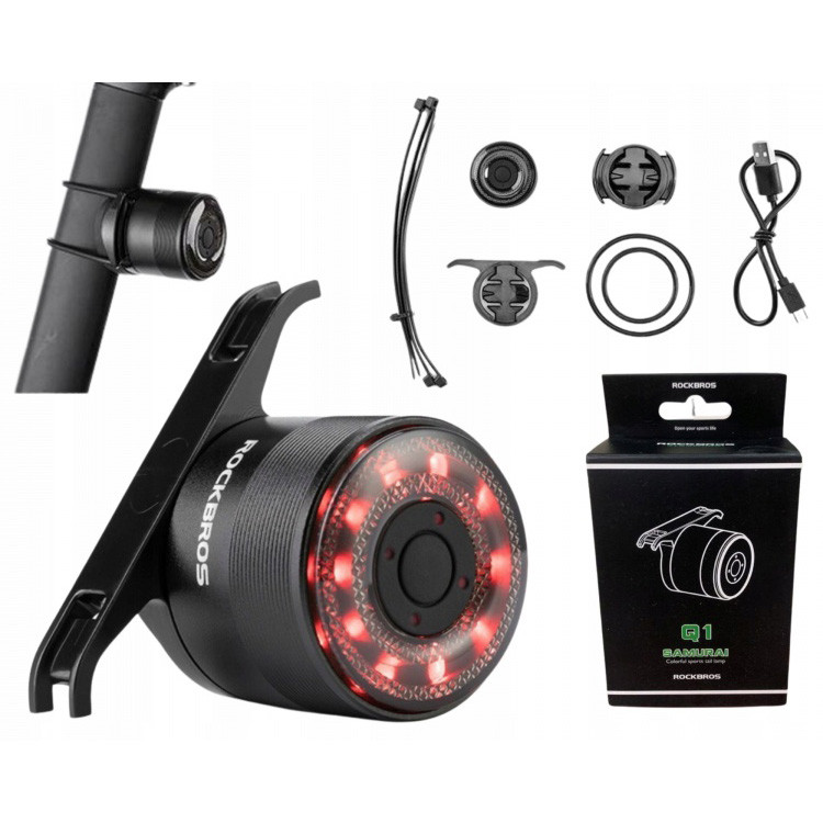 Lampka rowerowa tylna Rockbros Q1 LED USB Kolory RGB na siodło i sztycę