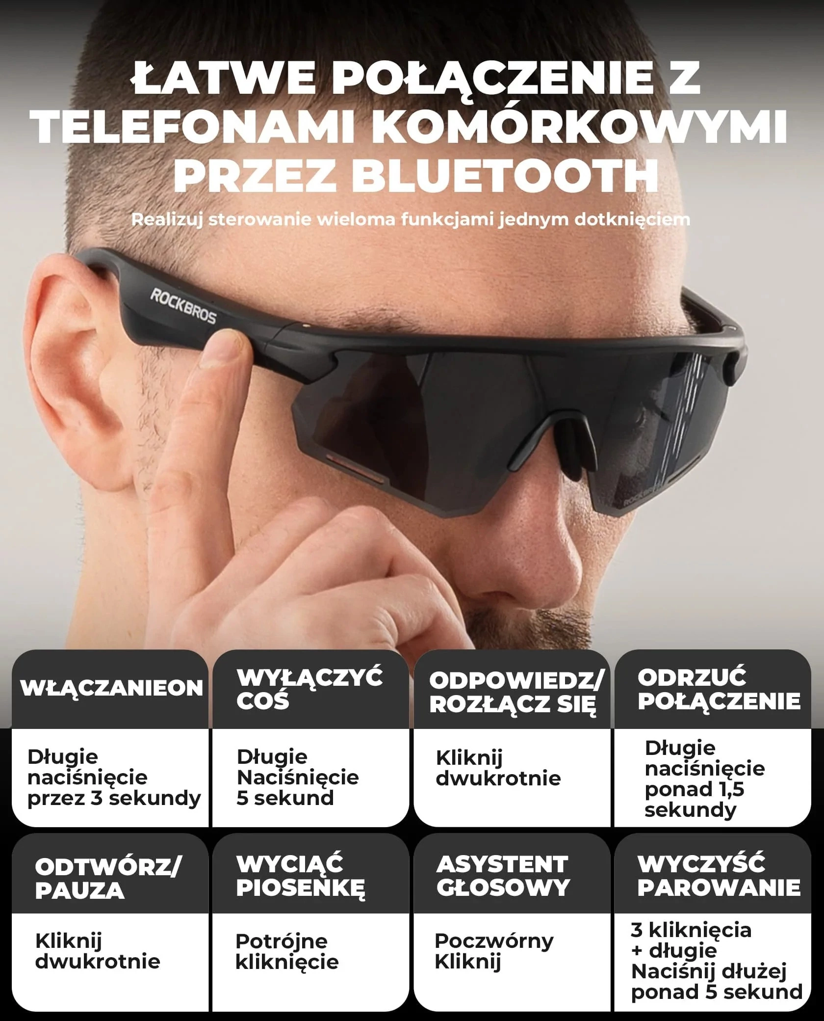 Okulary rowerowe fotochromatyczne UV400 z bluetooth i głośnikami ROCKBROS BT
