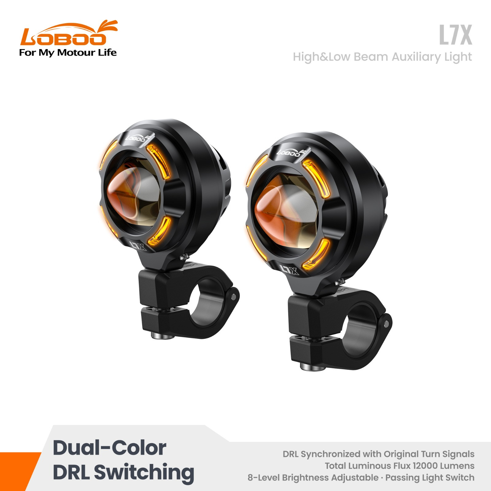LOBOO L7X lampy LED drogowe i mijania pomocnicze, 12 000 Lumenów, 8-stopniowa skala świecenia, homologacja, zestaw