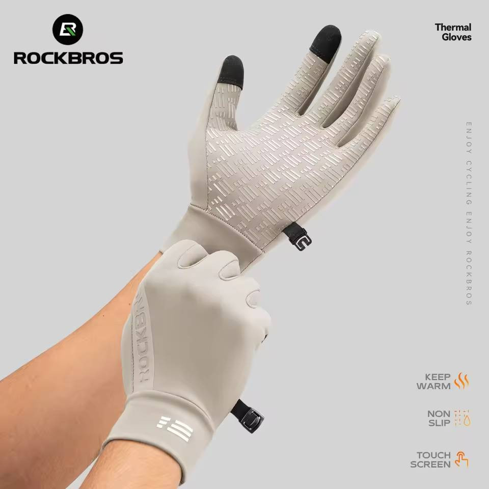 Rękawiczki rowerowe zimowe, turystyczne, z grafenem, oddychające ciepłe, beżowe ROCKBROS S414