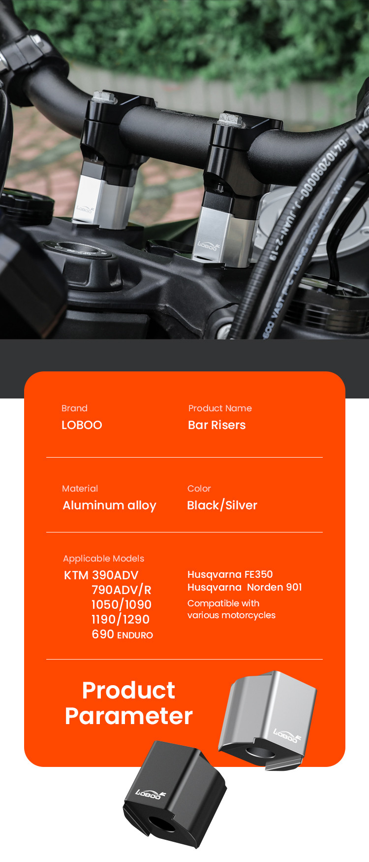LOBOO Podwyższenie kierownicy do KTM690 ENDURO/R, KTM790, KTM890, KTM1050 , KTM1090 , KTM1190 , KTM1290 (czarne)