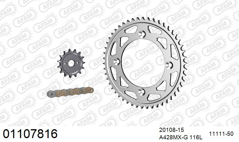 AFAM Zestaw napędowy (alu) HONDA CR 85 R PR 428 2003-2005 (łańcuch A428MX-G 116L, zębatki 15, 50)